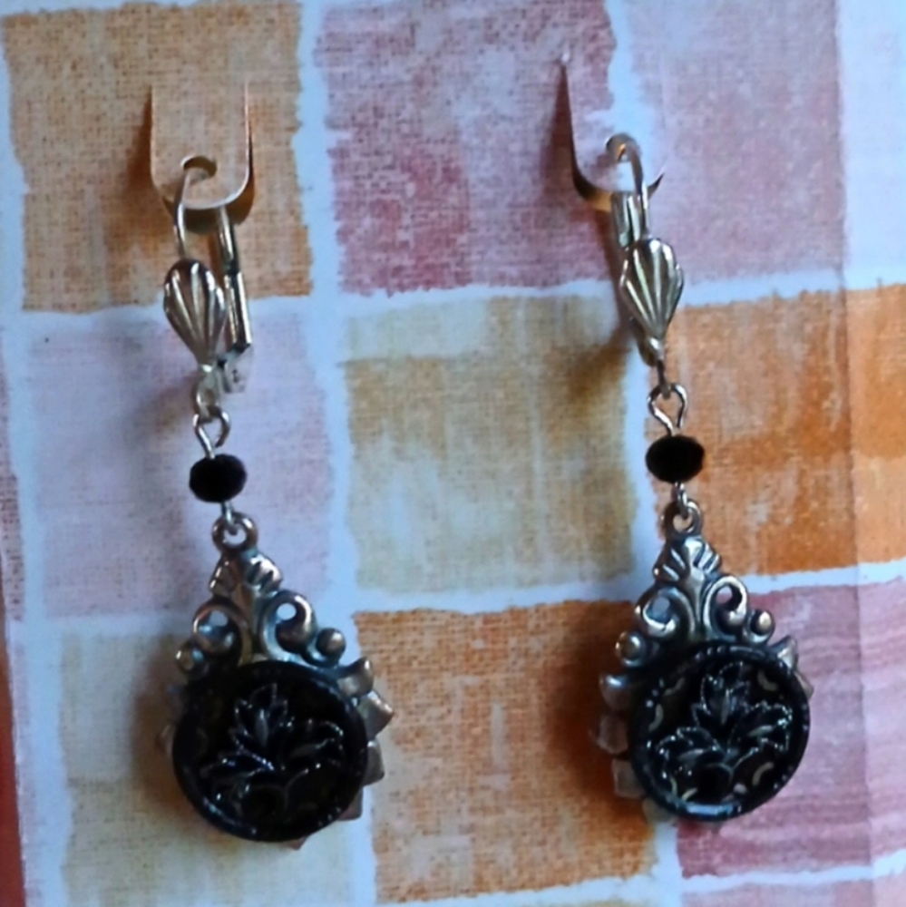 Antique Brass Picture Button Earrings, Oxidized Silver, Victorian Boho Western